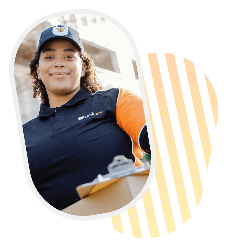 UniUni • Smiling Delivery Driver with Clipboard and Last Mile Delivery Package
